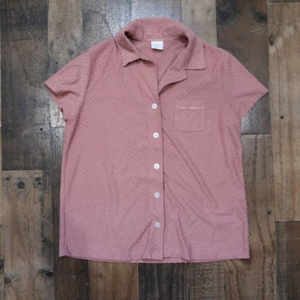 SOMA Intimates Womans Medium Pink Short Sleeve PJ Button Up Textured Dot Top